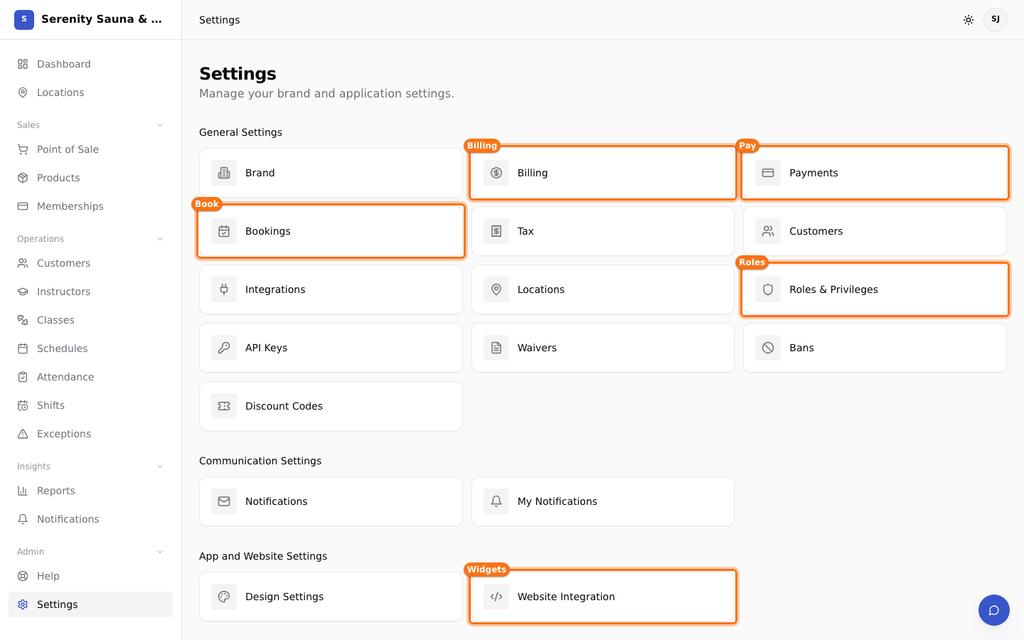 Settings hub with billing, payments, bookings, roles, and website integration cards