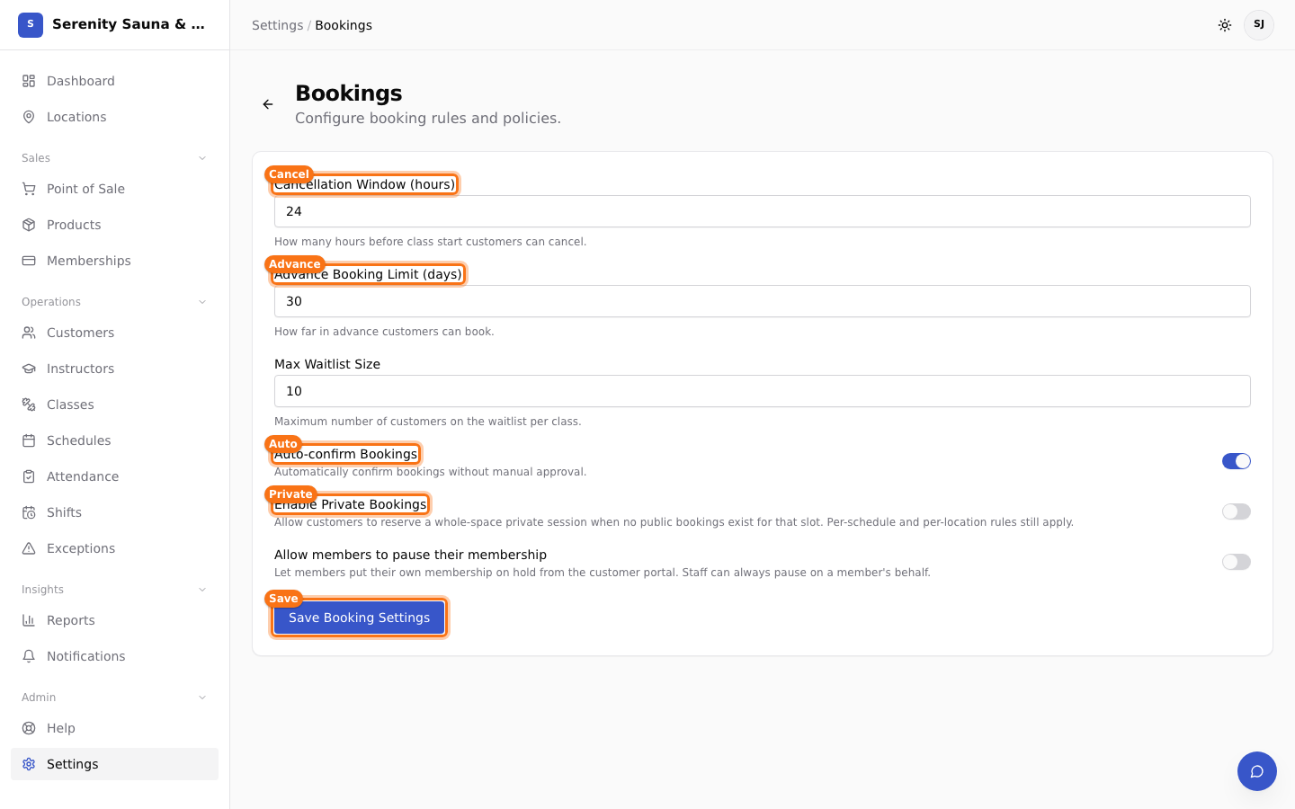 Booking policy controls and save action