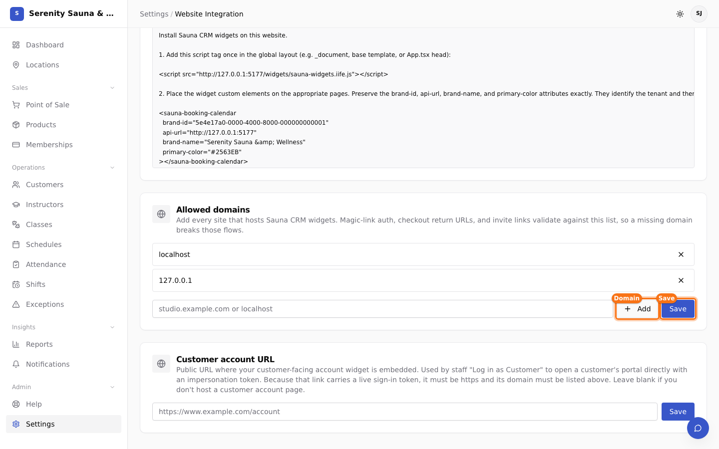 Website Integration allowed domains list and status controls