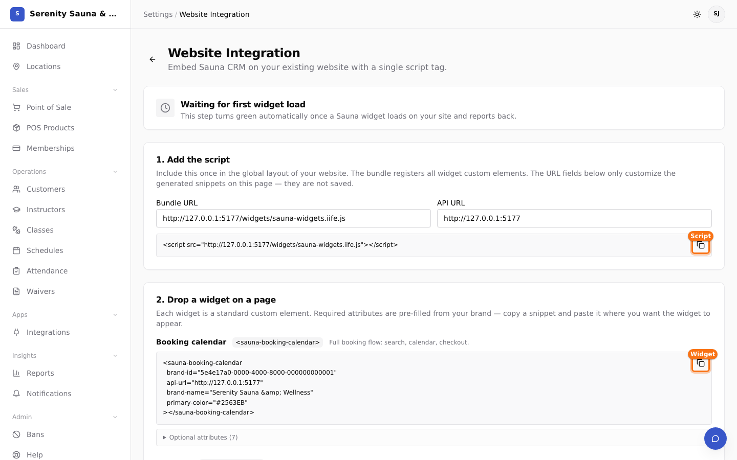 Website Integration settings with widget script and embed snippet actions