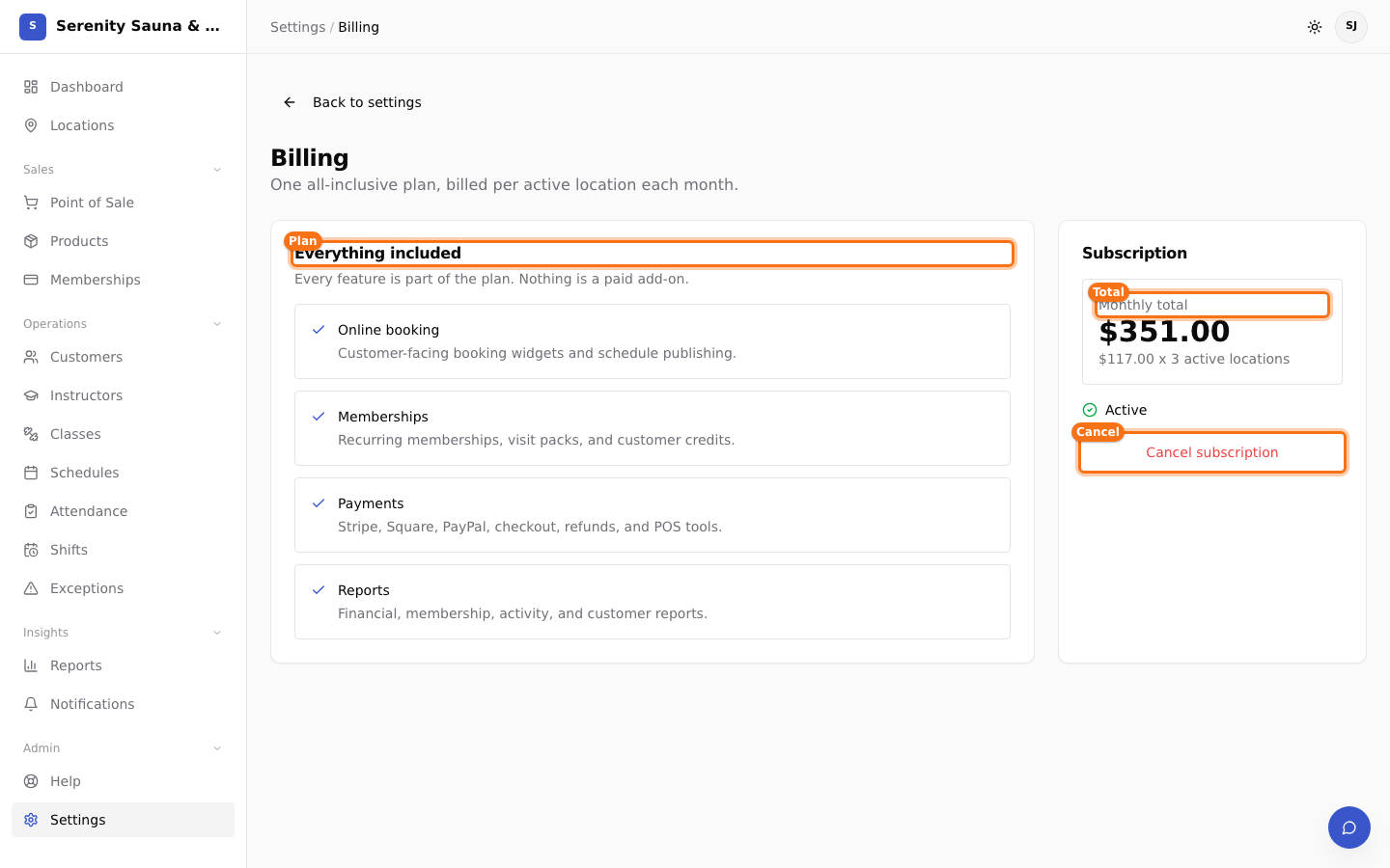 The all-inclusive plan, the monthly total, and the subscription action