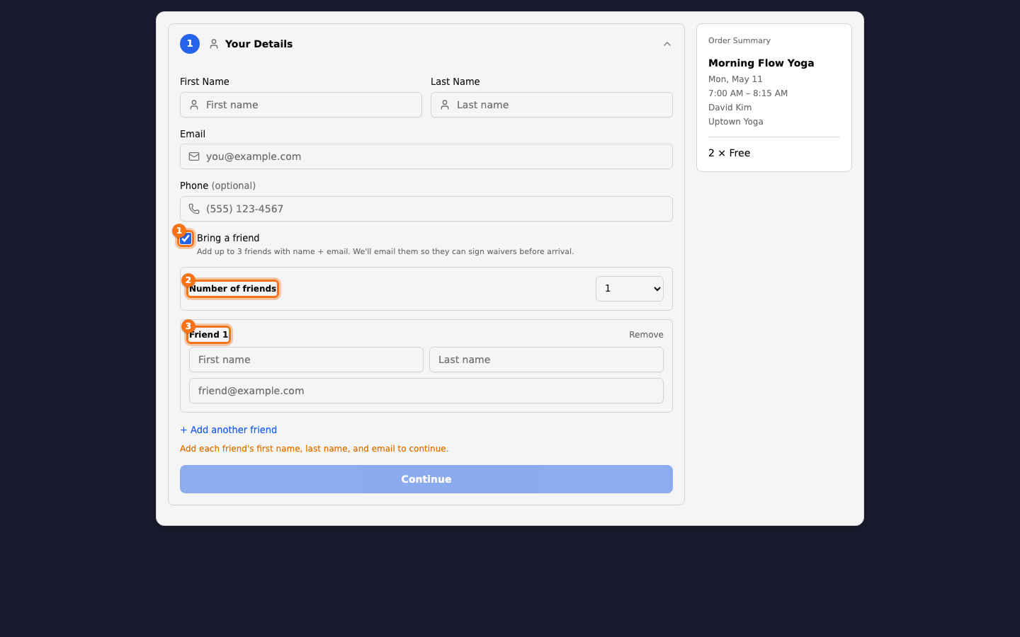 Booking checkout with Bring a friend expanded