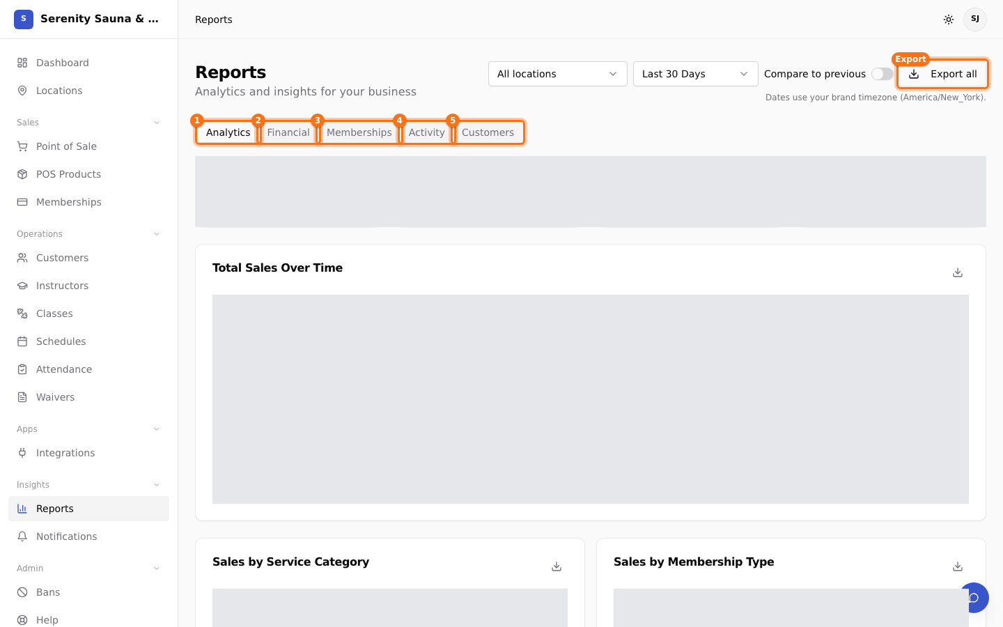 Reports filters, export action, and report tabs