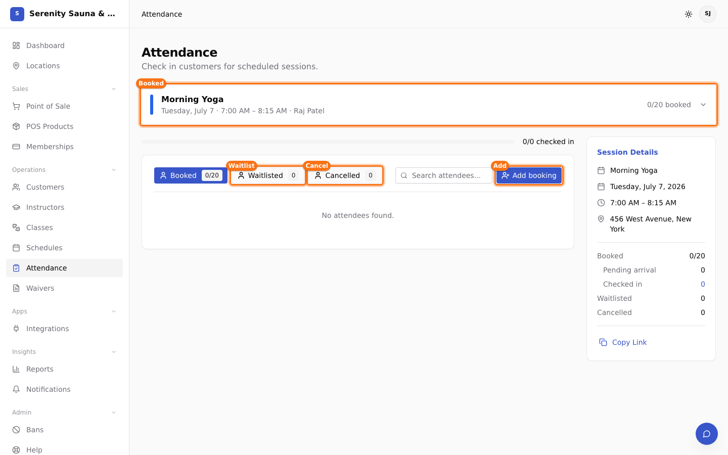 Attendance tabs and booking actions