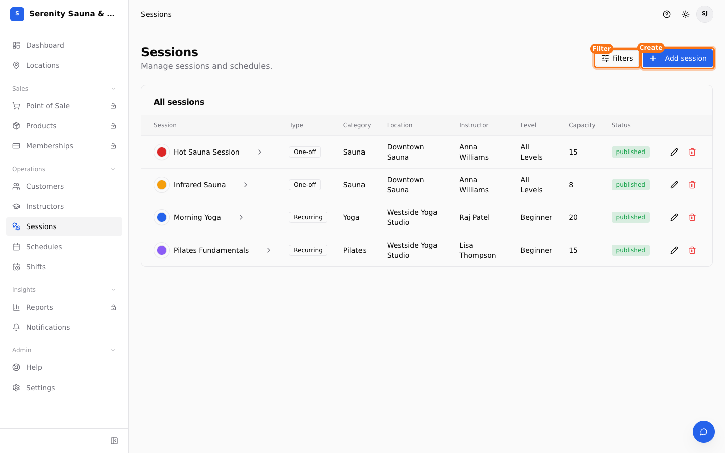Sessions page with filters and add session action