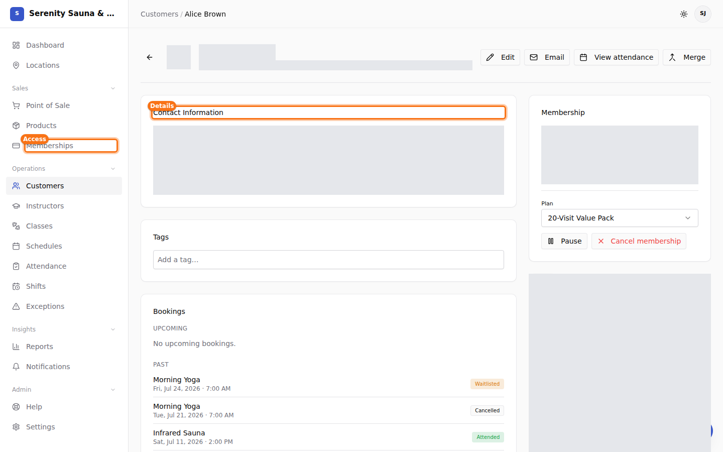 Customer profile details, billing integrations, and staff actions