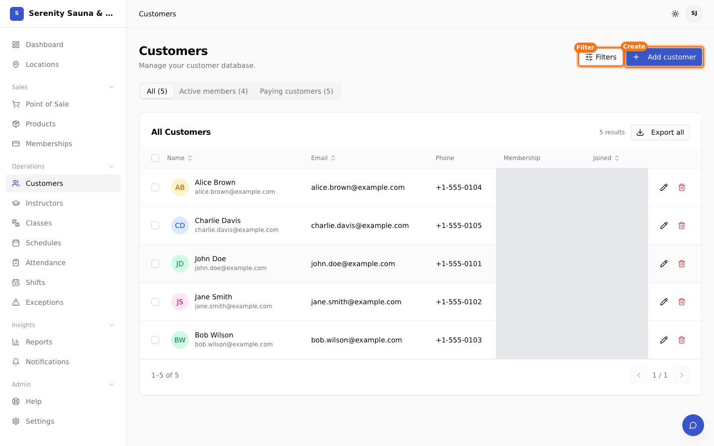 Customers table with filter and add customer actions