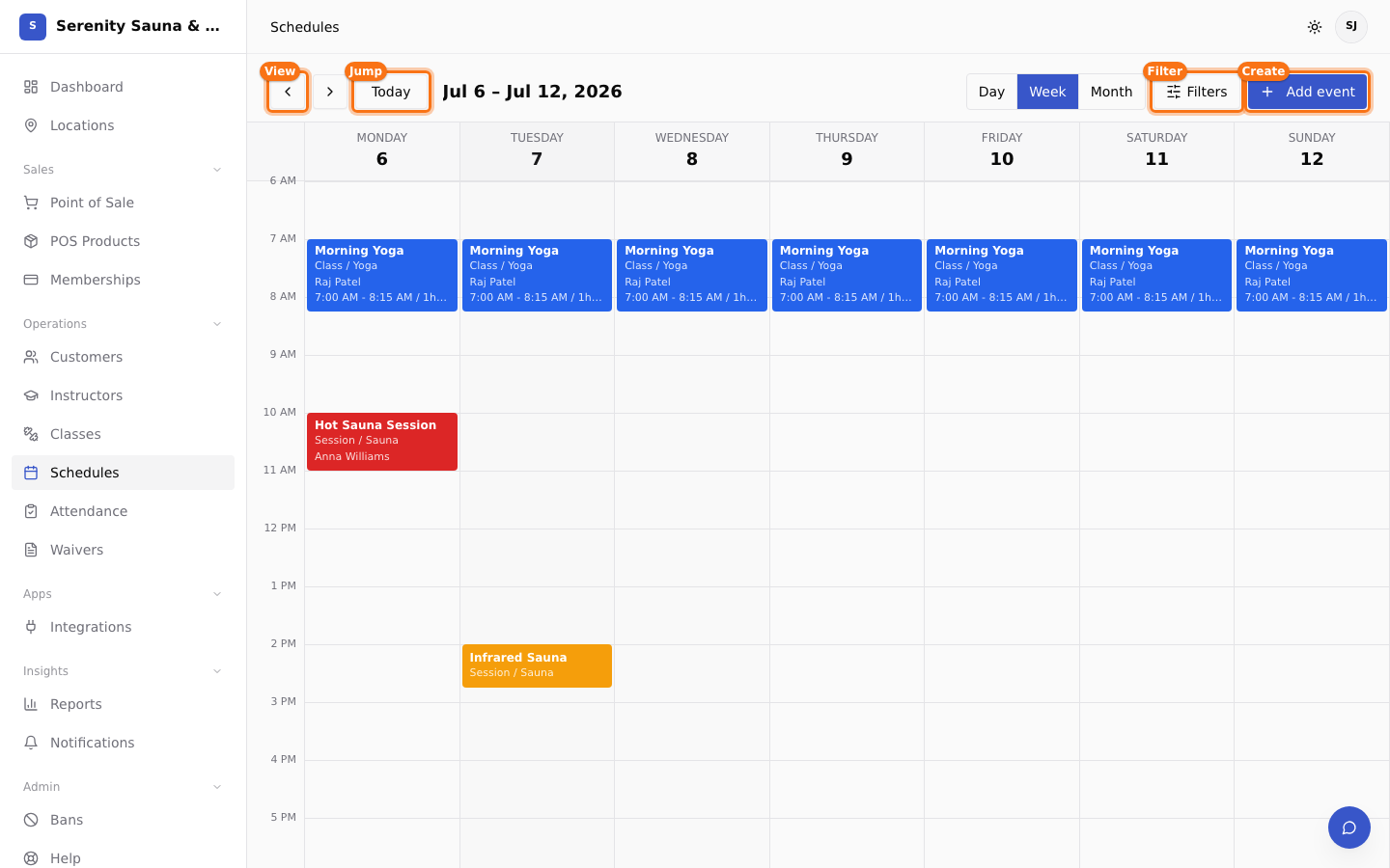 Schedules calendar controls and add event action