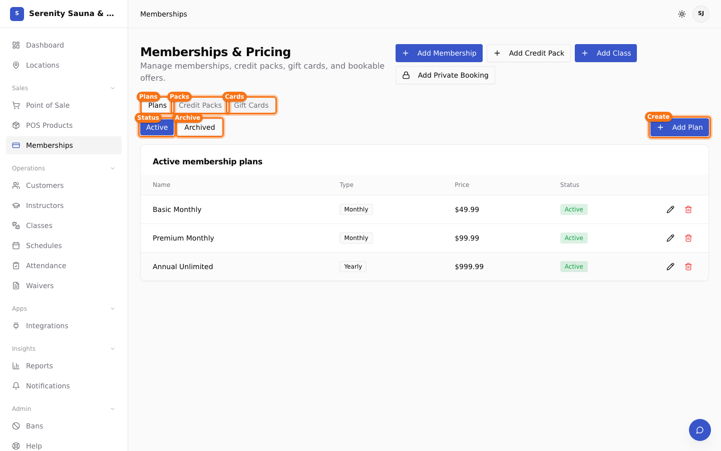 Membership tabs, status filters, and add plan action