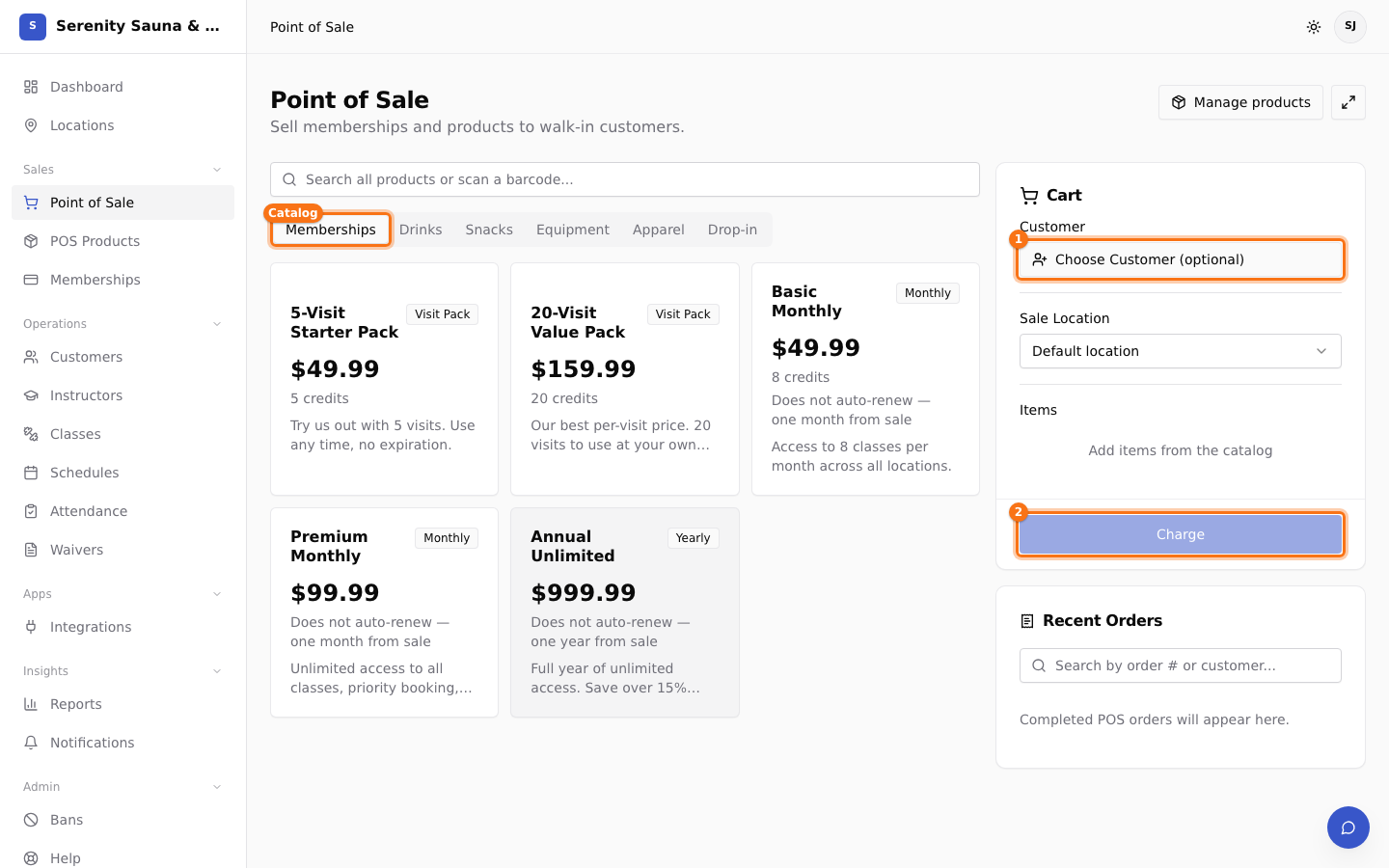 Point of Sale catalog, customer picker, and charge button